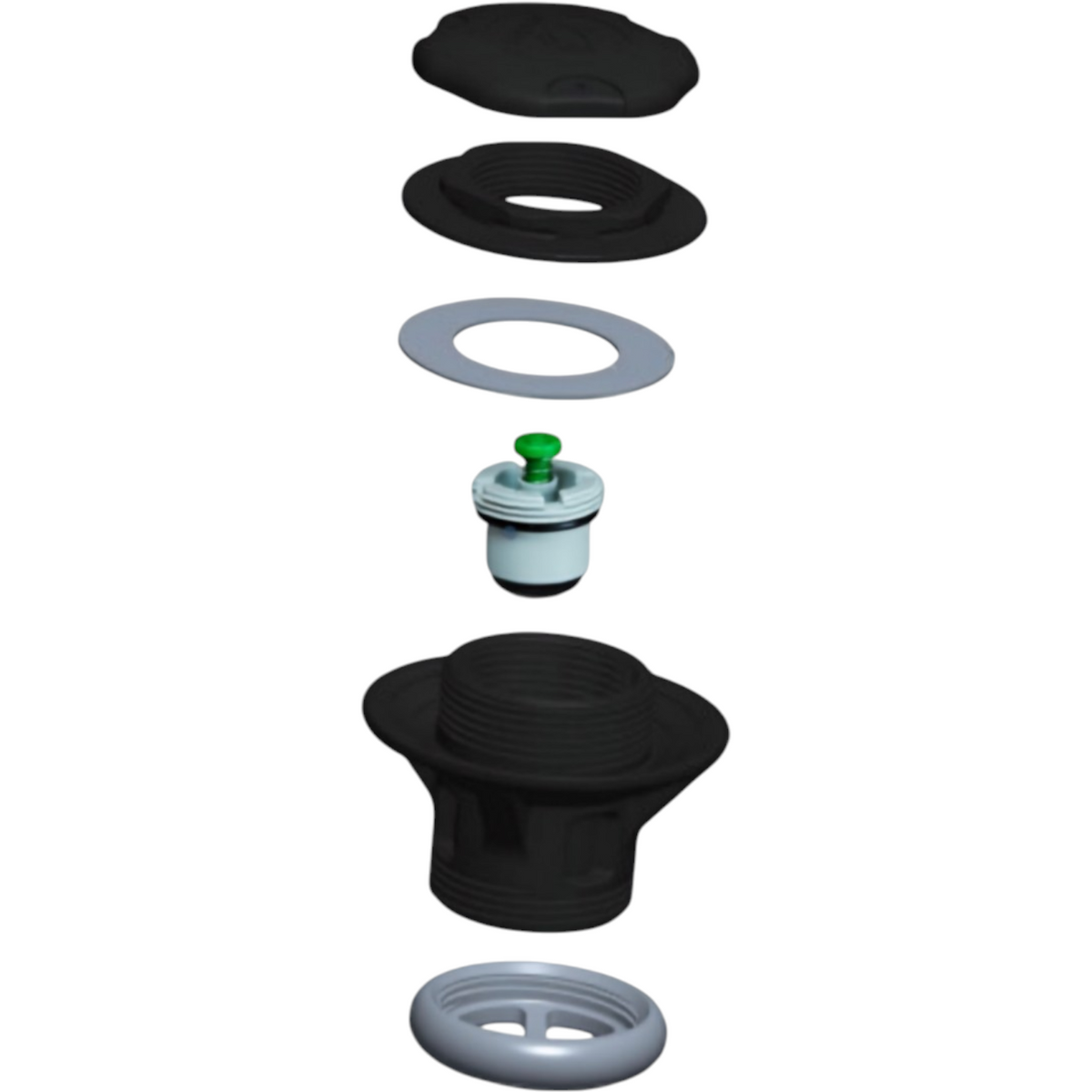 Exploded view van Zodiac Online Shop ventielonderdelen voor rubberboten, inclusief zwart afsluitstuk en ventielinzet.