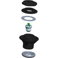 Exploded view van Zodiac Online Shop ventielonderdelen voor rubberboten, inclusief zwart afsluitstuk en ventielinzet.