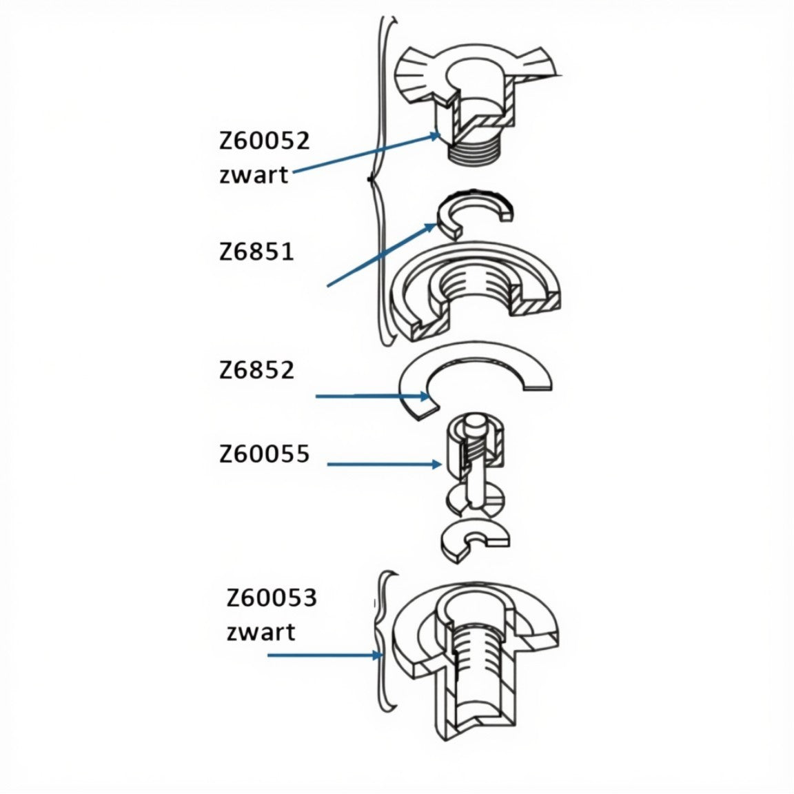 Zodiac Online Shop technisch diagram van Zodiac en Bombard halfverzonken ventiel onderdelen inclusief Z6851 pakking